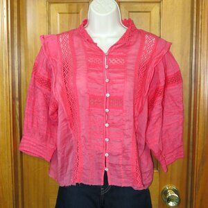 Free People One Coral Cotton Top Button Puffed Sleeves Size Medium